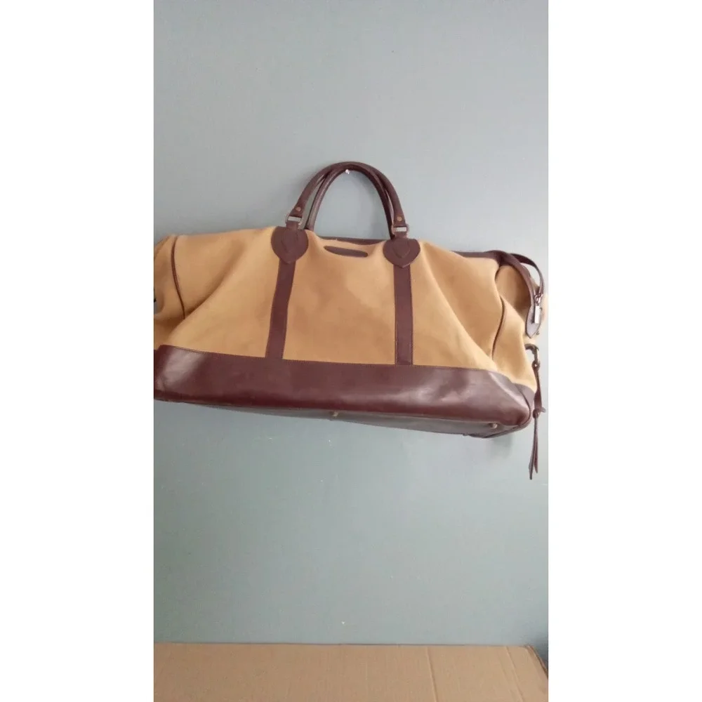 Vintage Canvas Leather Trim Travel Duffel‎ Bag Brown Leather Accents